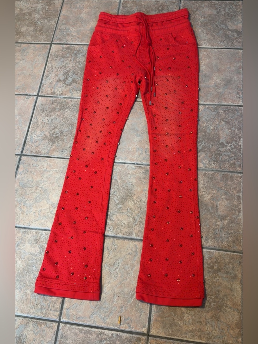 Guapi Red Embellished Double Waisted Stacked Sweatpants Size 36